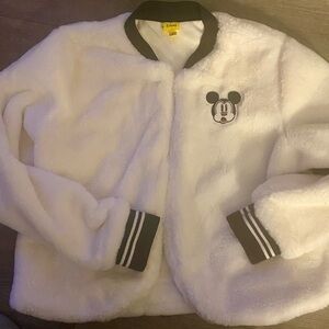 Disney Mickey Mouse white faux fur cropped jacket womens top sz M soft & lovely
